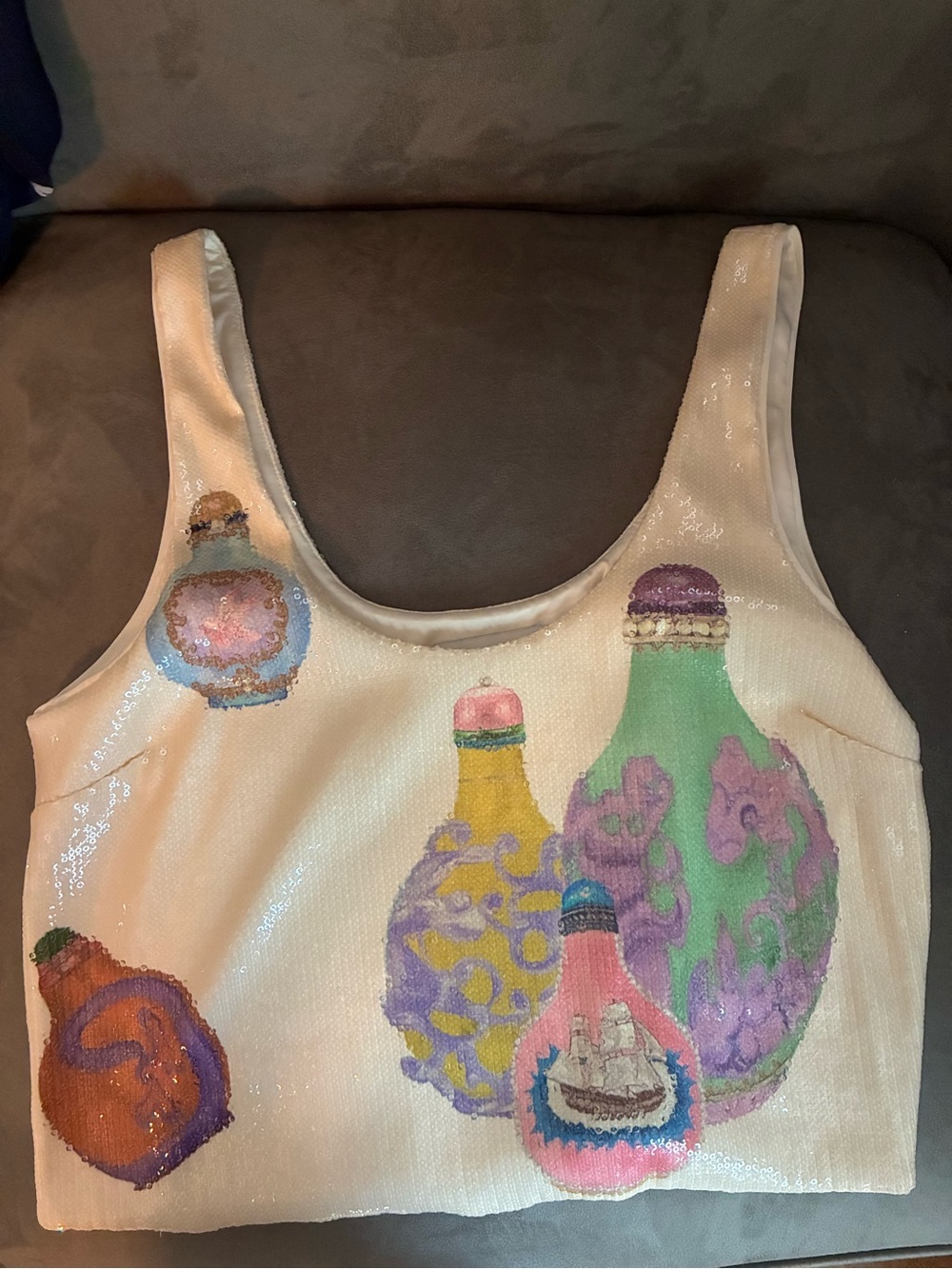 Alémais Cream Sequin Crop Tank with Multicolor Bottle Motifs